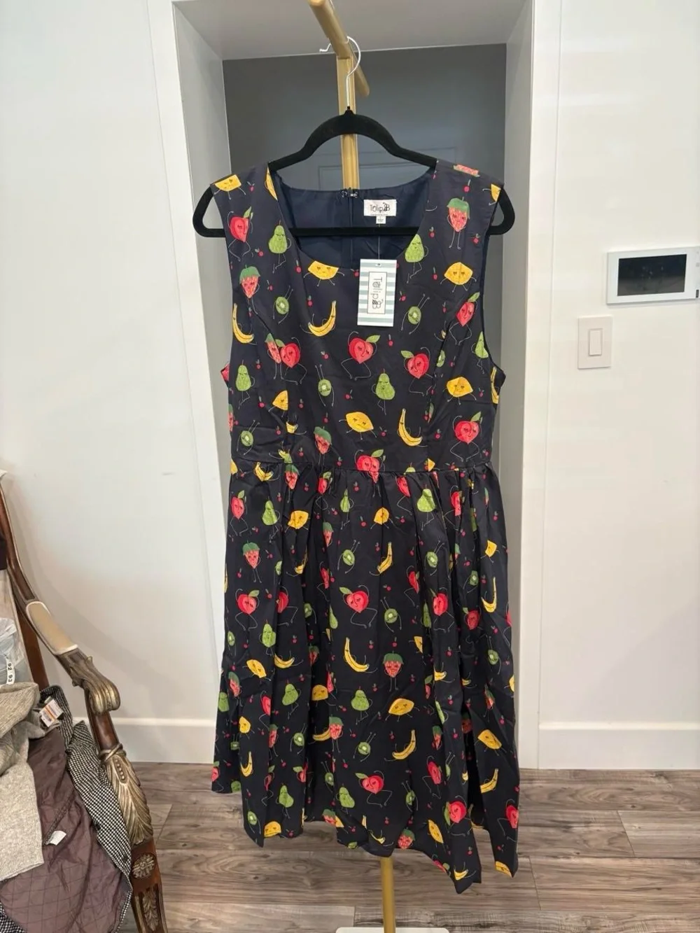 Navy Fruit-Print Sleeveless Midi Dress